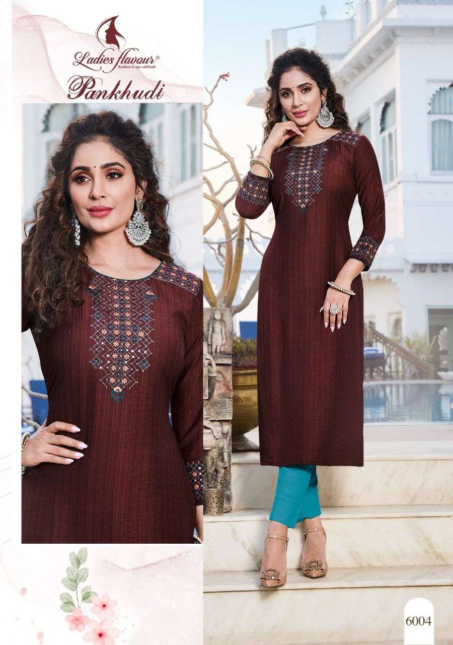 PANKHUDI BY LADIES FLAVOUR 6001 TO 6006 SERIES DESIGNER STYLISH FANCY COLORFUL BEAUTIFUL PARTY WEAR & ETHNIC WEAR COLLECTION PURE VISCOSE EMBROIDERY KURTIS AT WHOLESALE PRICE