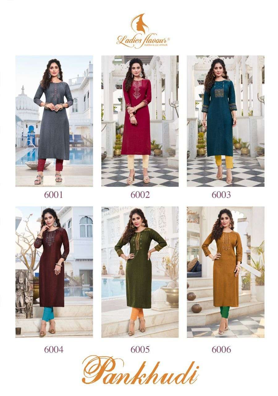 PANKHUDI BY LADIES FLAVOUR 6001 TO 6006 SERIES DESIGNER STYLISH FANCY COLORFUL BEAUTIFUL PARTY WEAR & ETHNIC WEAR COLLECTION PURE VISCOSE EMBROIDERY KURTIS AT WHOLESALE PRICE