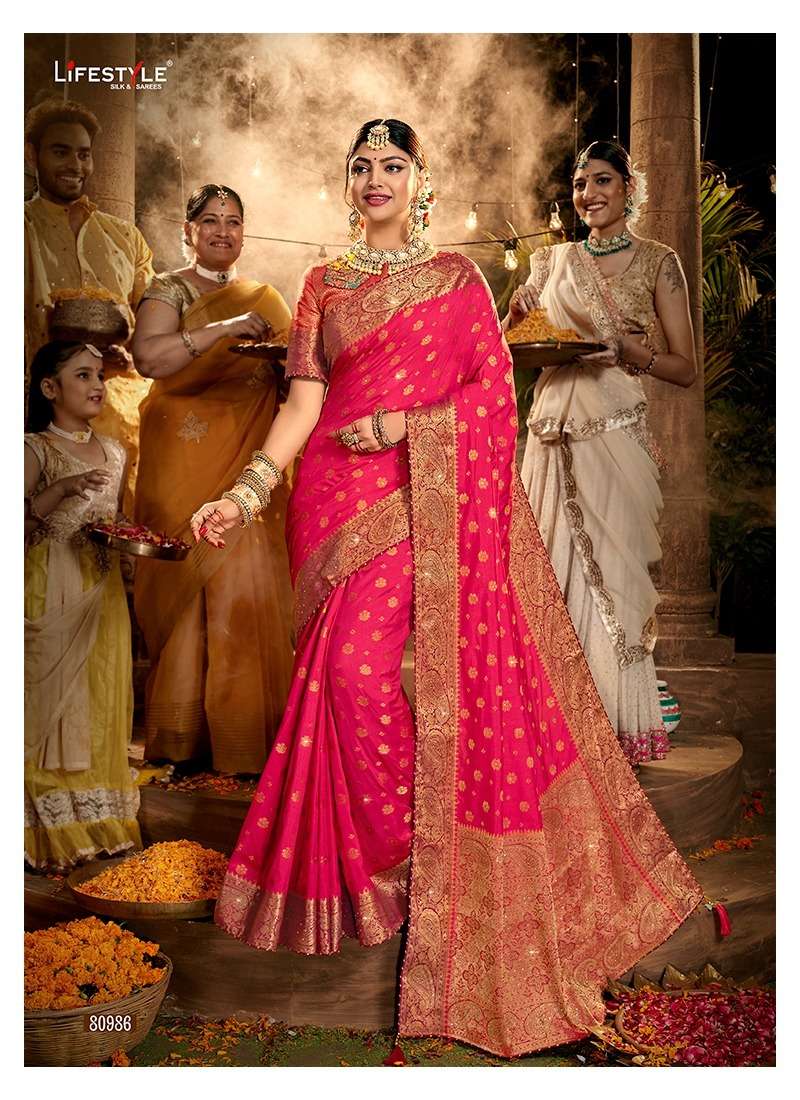 MEHNDI KE RANG BY LIFESTYLE 80981 TO 80986 SERIES INDIAN TRADITIONAL WEAR COLLECTION BEAUTIFUL STYLISH FANCY COLORFUL PARTY WEAR & OCCASIONAL WEAR NYLON DOLA SAREES AT WHOLESALE PRICE