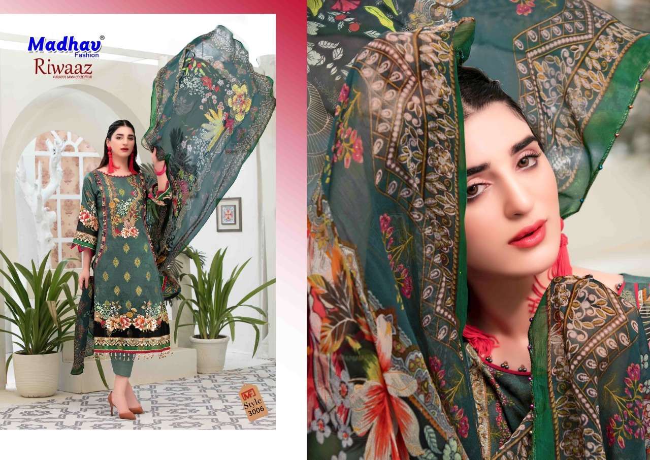 RIWAAZ VOL-3 BY MADHAV FASHION 3001 TO 3006 SERIES BEAUTIFUL STYLISH SUITS FANCY COLORFUL CASUAL WEAR & ETHNIC WEAR & READY TO WEAR PURE LAWN COTTON DRESSES AT WHOLESALE PRICE