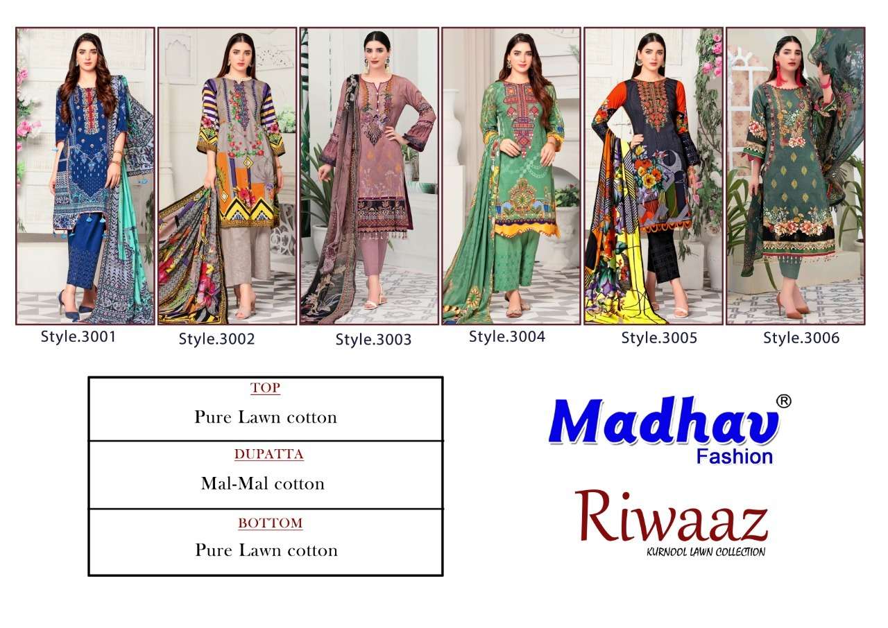 RIWAAZ VOL-3 BY MADHAV FASHION 3001 TO 3006 SERIES BEAUTIFUL STYLISH SUITS FANCY COLORFUL CASUAL WEAR & ETHNIC WEAR & READY TO WEAR PURE LAWN COTTON DRESSES AT WHOLESALE PRICE