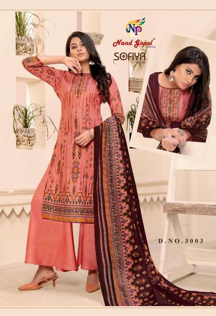 SOFIYA VOL-3 BY NAND GOPAL PRINTS 3001 TO 3008 SERIES BEAUTIFUL SUITS COLORFUL STYLISH FANCY CASUAL WEAR & ETHNIC WEAR PURE COTTON PRINT DRESSES AT WHOLESALE PRICE
