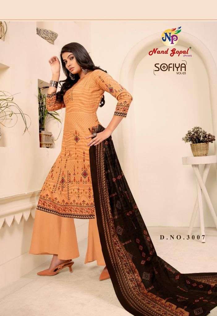 SOFIYA VOL-3 BY NAND GOPAL PRINTS 3001 TO 3008 SERIES BEAUTIFUL SUITS COLORFUL STYLISH FANCY CASUAL WEAR & ETHNIC WEAR PURE COTTON PRINT DRESSES AT WHOLESALE PRICE