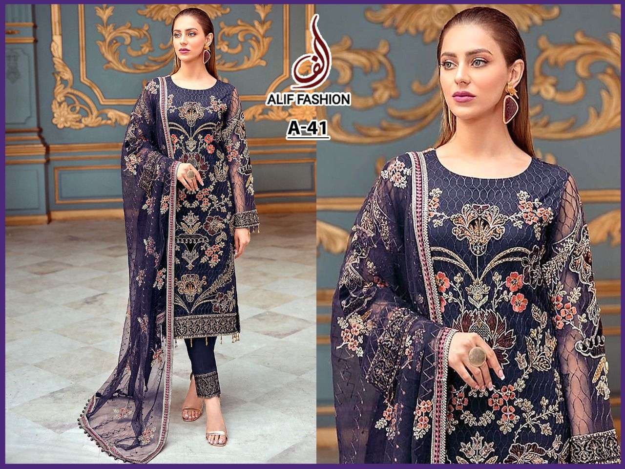 ALIF HIT DESIGN A-41 BY ALIF FASHION PAKISTANI SUITS BEAUTIFUL FANCY COLORFUL STYLISH PARTY WEAR & OCCASIONAL WEAR FAUX GEORGETTE EMBROIDERY DRESSES AT WHOLESALE PRICE
