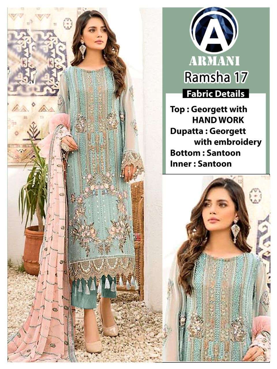 RAMSHA 17 BY ARMANI PAKISTANI SUITS BEAUTIFUL FANCY COLORFUL STYLISH PARTY WEAR & OCCASIONAL WEAR FAUX GEORGETTE WITH EMBROIDERY DRESSES AT WHOLESALE PRICE