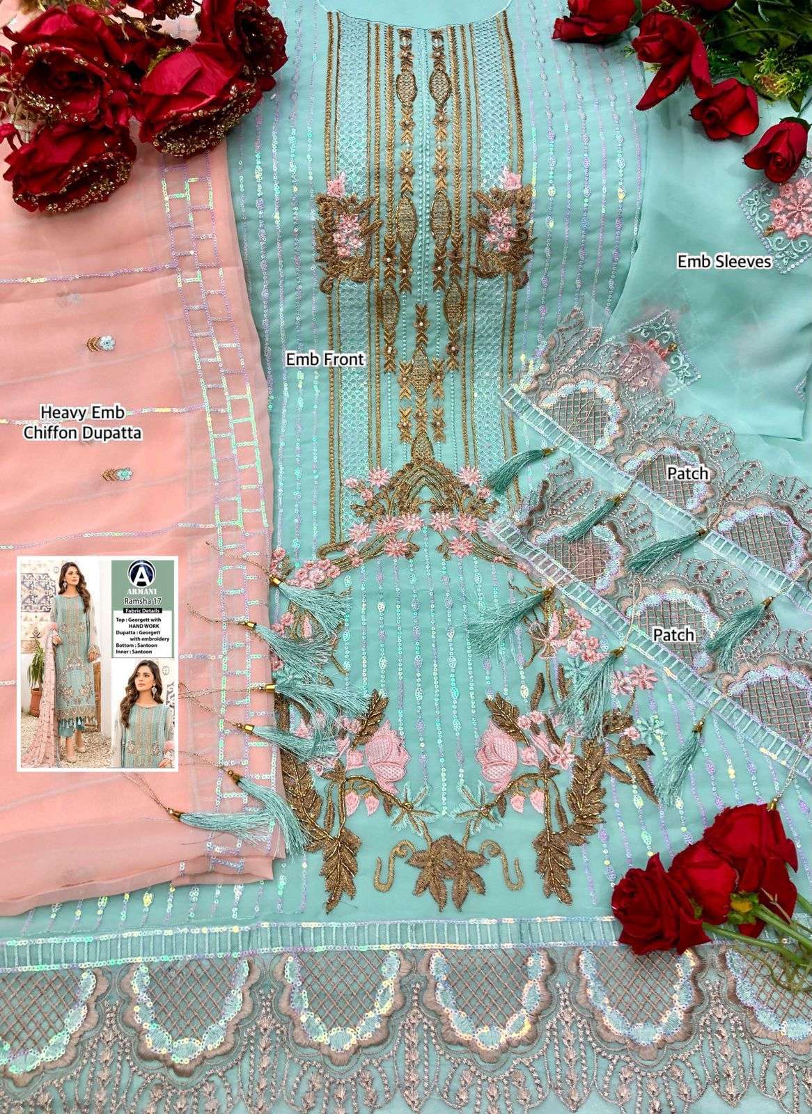 RAMSHA 17 BY ARMANI PAKISTANI SUITS BEAUTIFUL FANCY COLORFUL STYLISH PARTY WEAR & OCCASIONAL WEAR FAUX GEORGETTE WITH EMBROIDERY DRESSES AT WHOLESALE PRICE