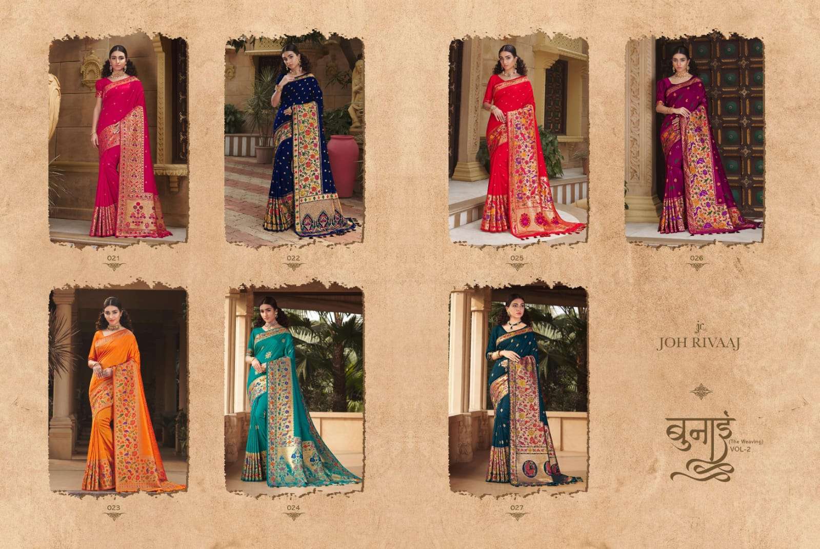 BUNAI VOL-2 BY JOH RIVAAJ 021 TO 027 SERIES INDIAN TRADITIONAL WEAR COLLECTION BEAUTIFUL STYLISH FANCY COLORFUL PARTY WEAR & OCCASIONAL WEAR SILK SAREES AT WHOLESALE PRICE