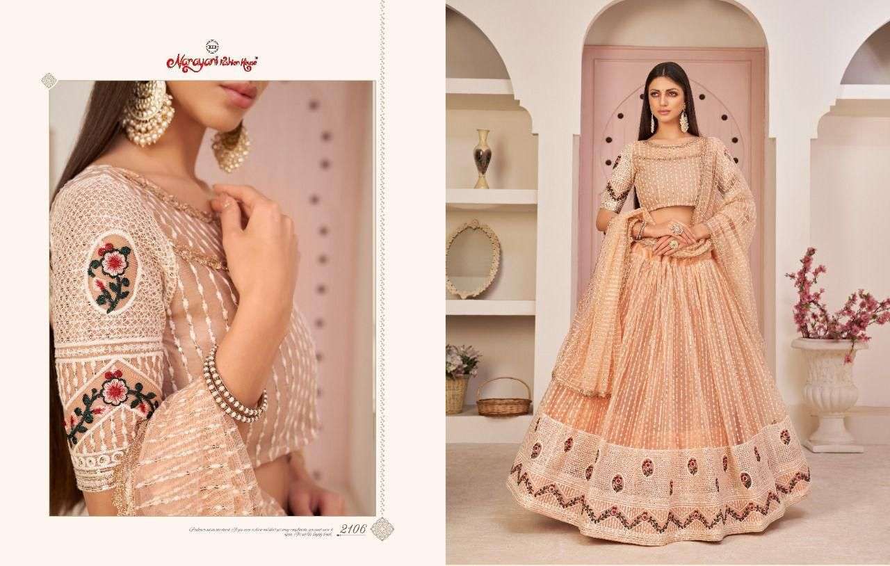 Kelaya Vol-2 By Narayani Fashion House 2106 To 2110 Series Indian Traditional Beautiful Stylish Designer Banarasi Silk Jacquard Embroidered Party Wear Mono Net Lehengas At Wholesale Price