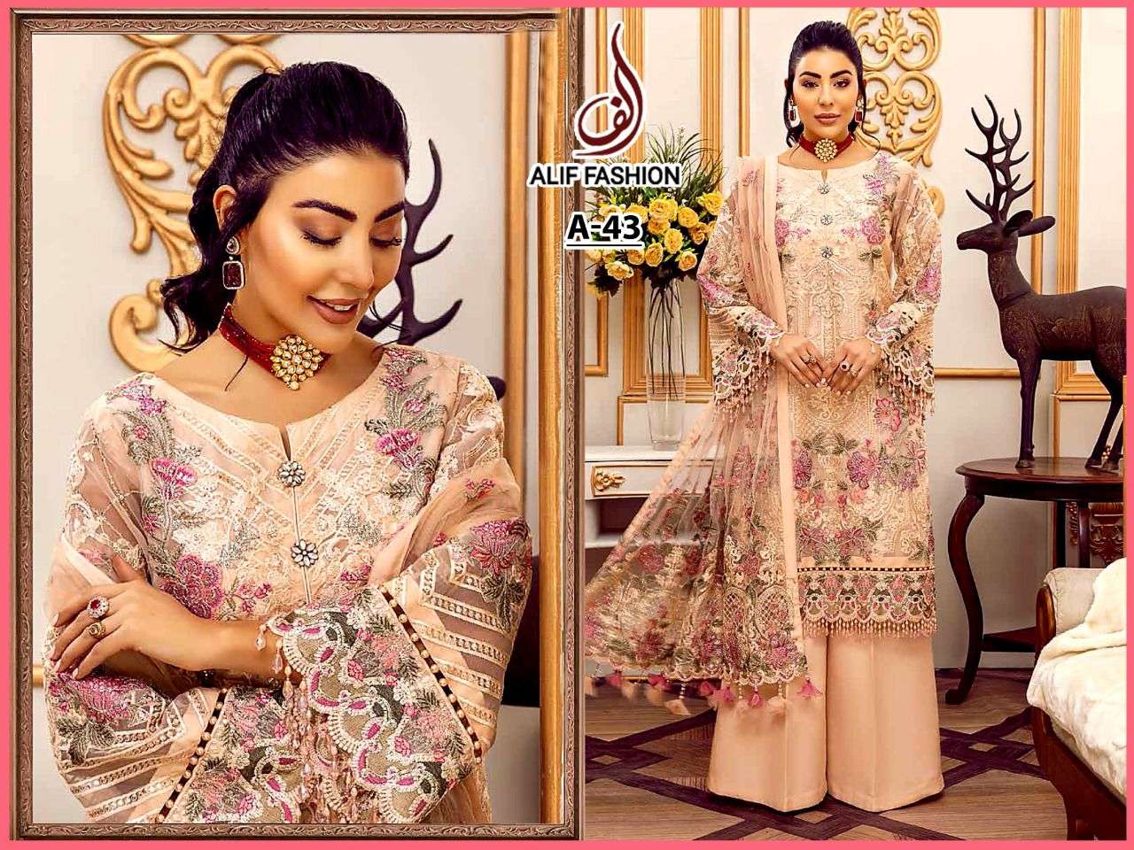 ALIF HIT DESIGN A-43 BY ALIF FASHION PAKISTANI SUITS BEAUTIFUL FANCY COLORFUL STYLISH PARTY WEAR & OCCASIONAL WEAR FAUX GEORGETTE EMBROIDERY DRESSES AT WHOLESALE PRICE