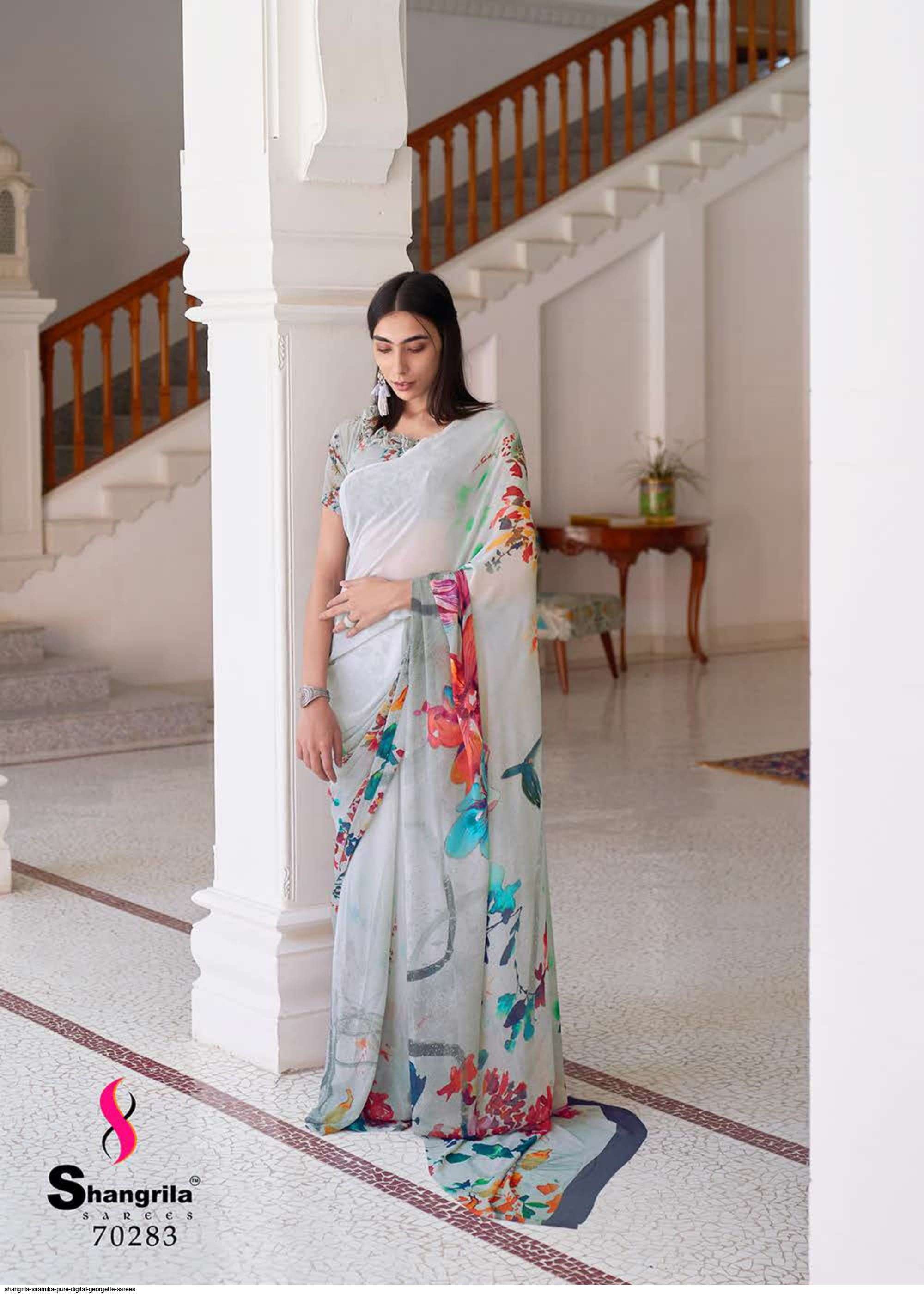 VAAMIKA PURE BY SHANGRILA 70281 TO 70288 SERIES INDIAN TRADITIONAL WEAR COLLECTION BEAUTIFUL STYLISH FANCY COLORFUL PARTY WEAR & OCCASIONAL WEAR GEORGETTE PRINT SAREES AT WHOLESALE PRICE