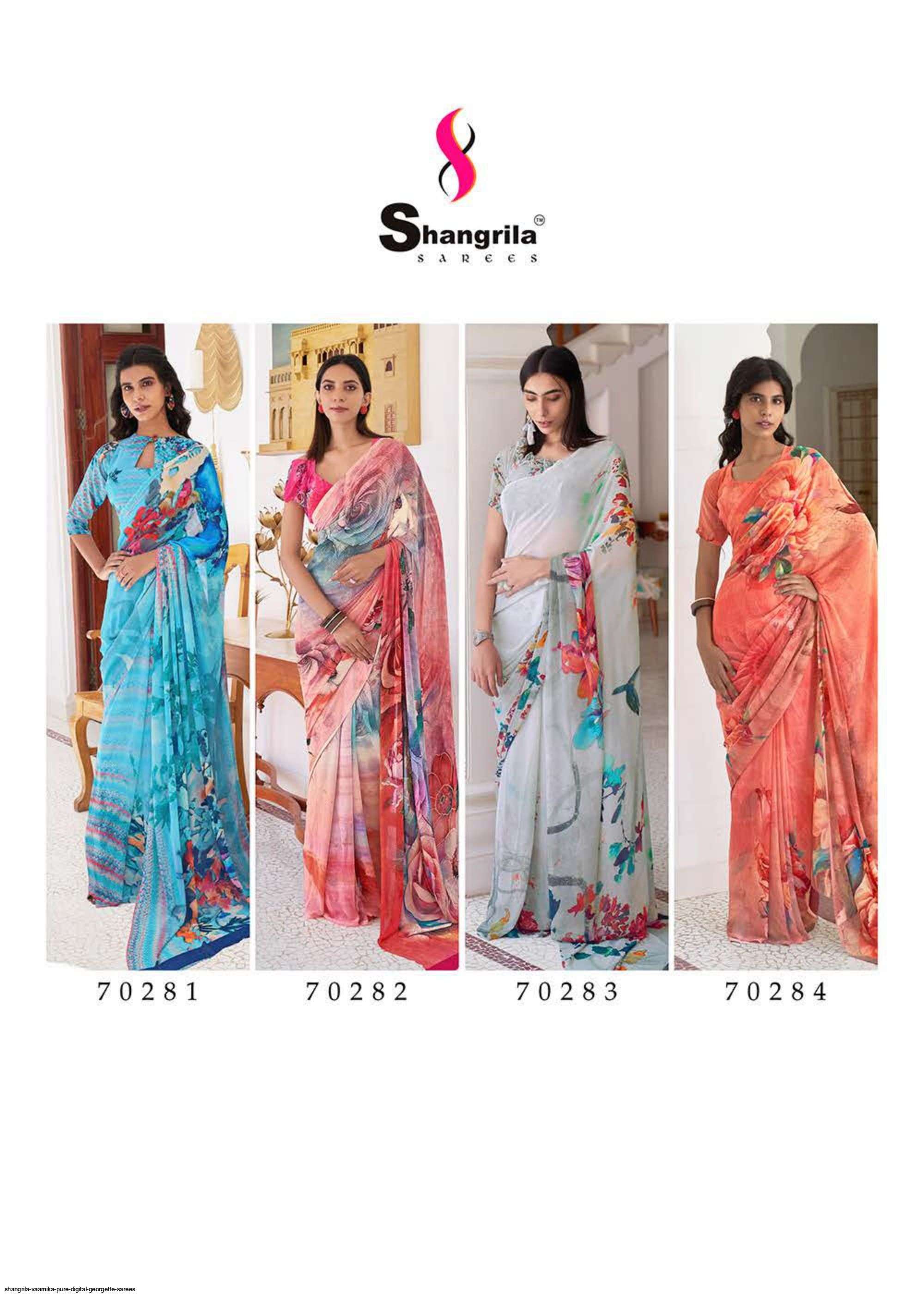 VAAMIKA PURE BY SHANGRILA 70281 TO 70288 SERIES INDIAN TRADITIONAL WEAR COLLECTION BEAUTIFUL STYLISH FANCY COLORFUL PARTY WEAR & OCCASIONAL WEAR GEORGETTE PRINT SAREES AT WHOLESALE PRICE