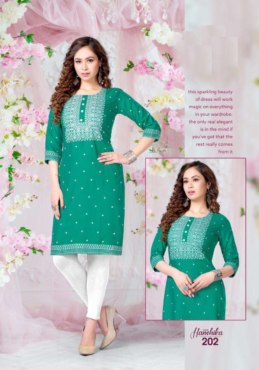 HANSHIKA VOL-2 BY BEAUTY QUEEN 201 TO 208 SERIES DESIGNER STYLISH FANCY COLORFUL BEAUTIFUL PARTY WEAR & ETHNIC WEAR COLLECTION RAYON PRINT KURTIS AT WHOLESALE PRICE