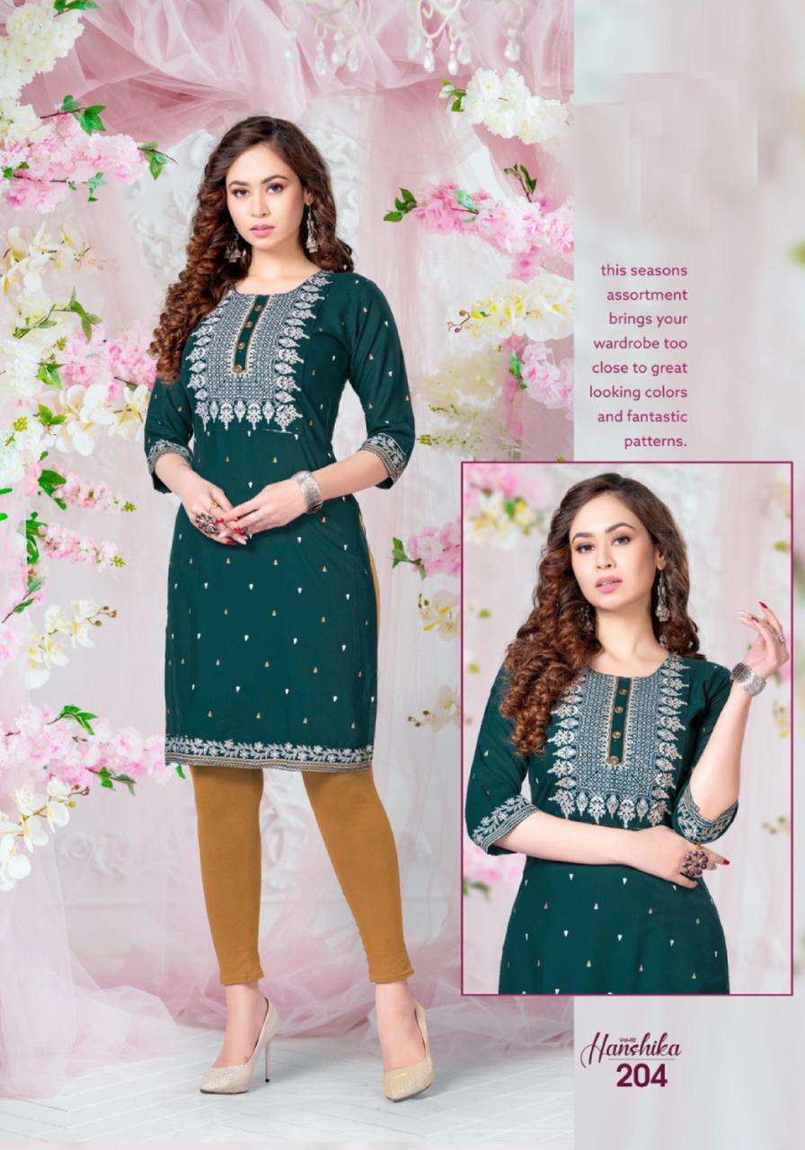 HANSHIKA VOL-2 BY BEAUTY QUEEN 201 TO 208 SERIES DESIGNER STYLISH FANCY COLORFUL BEAUTIFUL PARTY WEAR & ETHNIC WEAR COLLECTION RAYON PRINT KURTIS AT WHOLESALE PRICE