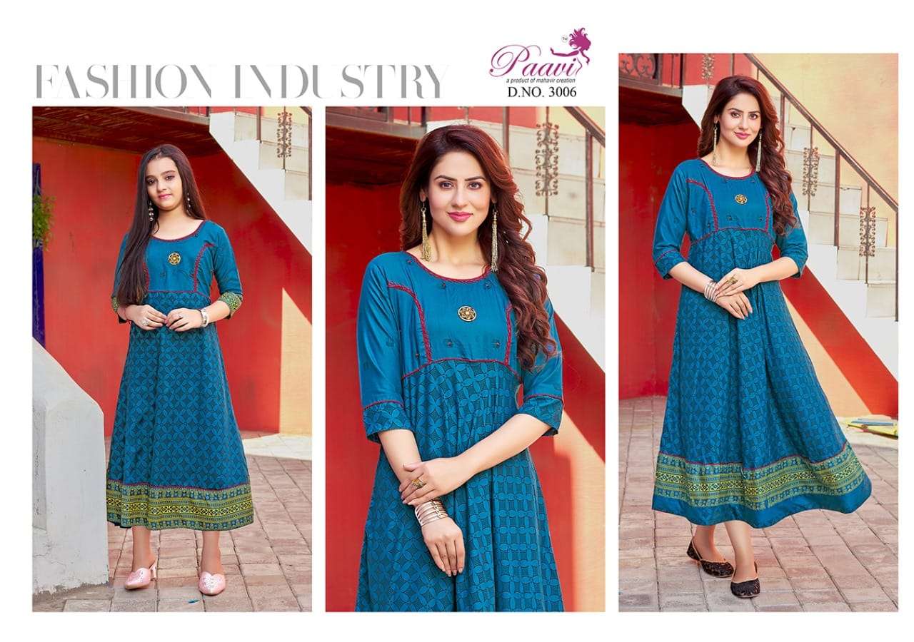 MAHER VOL-3 BY PAAVI 3001 TO 3010 SERIES BEAUTIFUL STYLISH FANCY COLORFUL CASUAL WEAR & ETHNIC WEAR RAYON PRINT WITH WORK GOWNS AT WHOLESALE PRICE