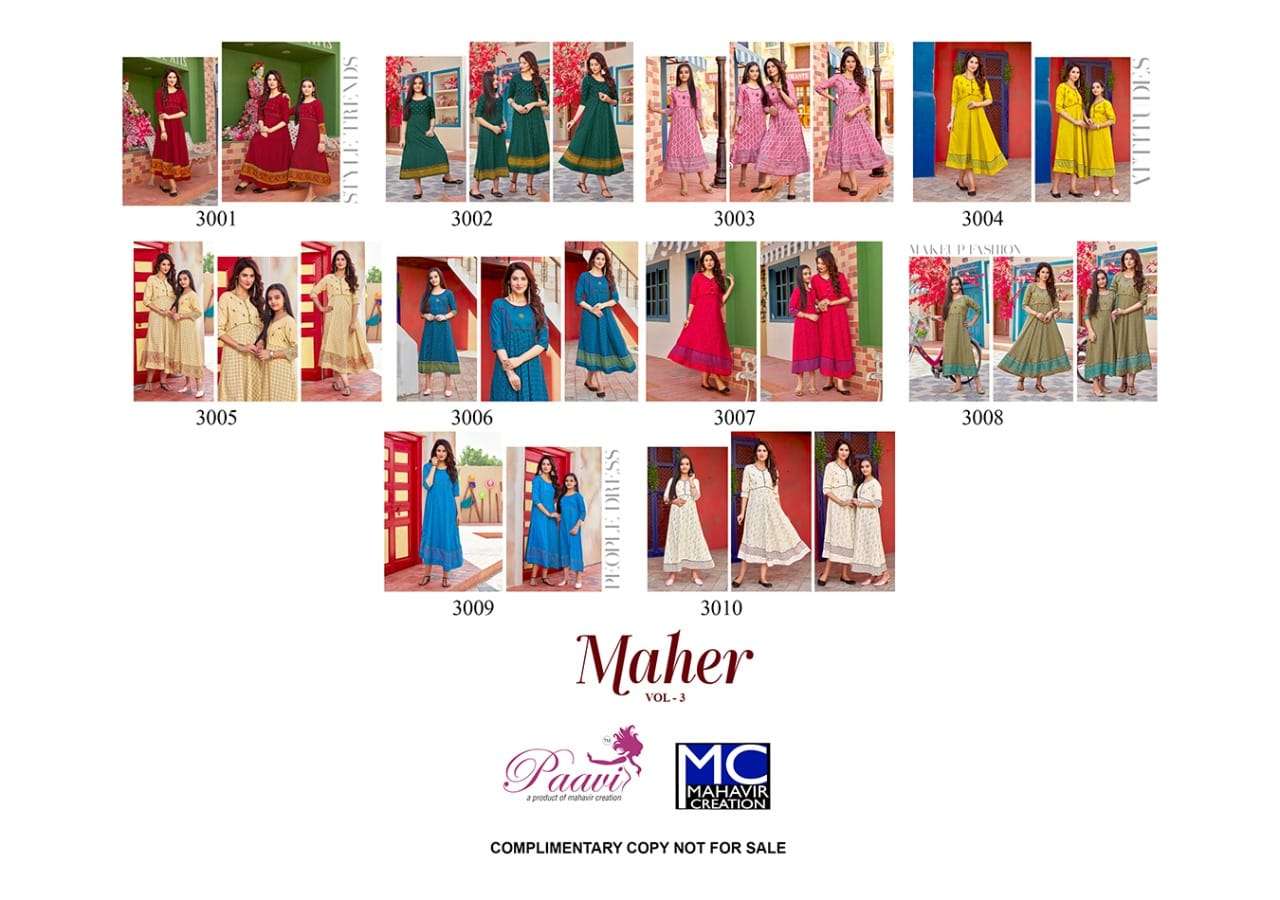 MAHER VOL-3 BY PAAVI 3001 TO 3010 SERIES BEAUTIFUL STYLISH FANCY COLORFUL CASUAL WEAR & ETHNIC WEAR RAYON PRINT WITH WORK GOWNS AT WHOLESALE PRICE