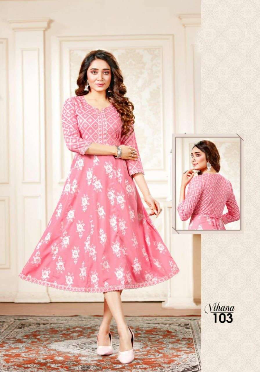 VIHANA BY BEAUTY QUEEN 101 TO 106 SERIES DESIGNER STYLISH FANCY COLORFUL BEAUTIFUL PARTY WEAR & ETHNIC WEAR COLLECTION RAYON PRINT KURTIS AT WHOLESALE PRICE