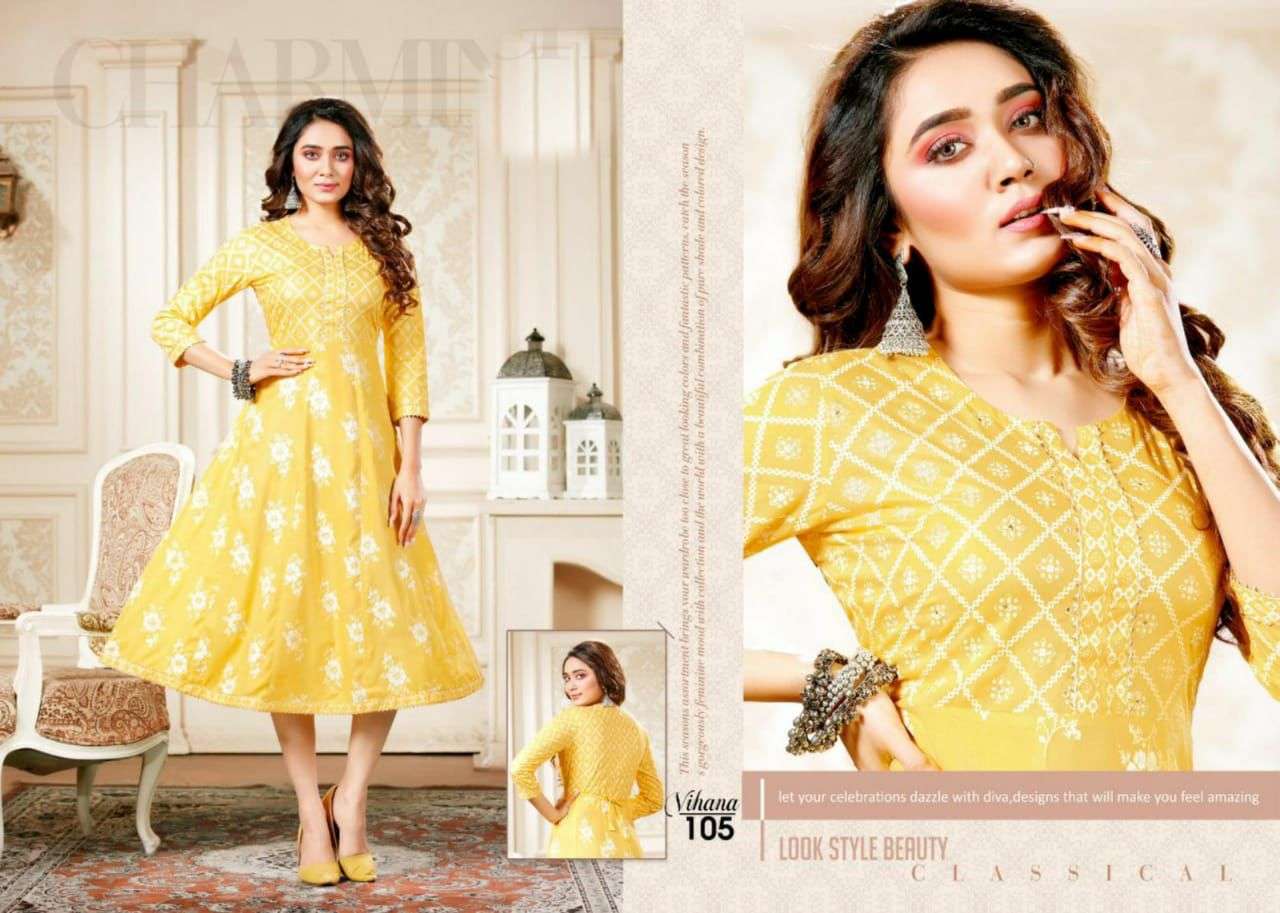 VIHANA BY BEAUTY QUEEN 101 TO 106 SERIES DESIGNER STYLISH FANCY COLORFUL BEAUTIFUL PARTY WEAR & ETHNIC WEAR COLLECTION RAYON PRINT KURTIS AT WHOLESALE PRICE