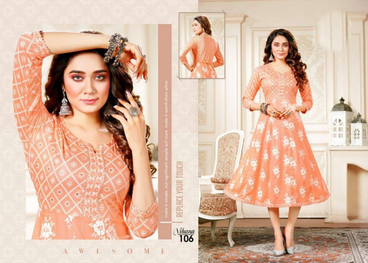 VIHANA BY BEAUTY QUEEN 101 TO 106 SERIES DESIGNER STYLISH FANCY COLORFUL BEAUTIFUL PARTY WEAR & ETHNIC WEAR COLLECTION RAYON PRINT KURTIS AT WHOLESALE PRICE