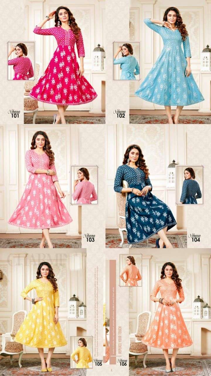 VIHANA BY BEAUTY QUEEN 101 TO 106 SERIES DESIGNER STYLISH FANCY COLORFUL BEAUTIFUL PARTY WEAR & ETHNIC WEAR COLLECTION RAYON PRINT KURTIS AT WHOLESALE PRICE