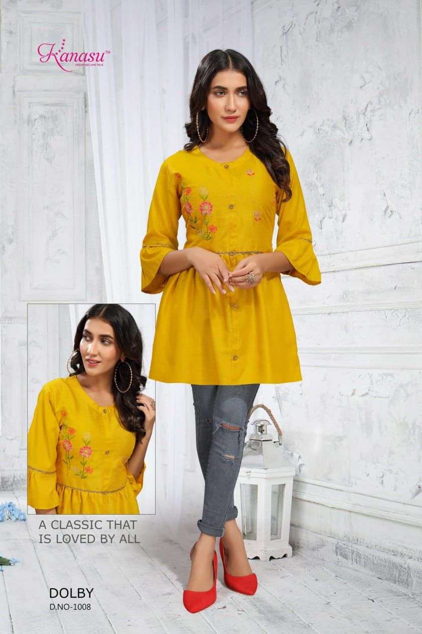 DOLBY BY KANASU 1001 TO 1008 SERIES BEAUTIFUL STYLISH FANCY COLORFUL CASUAL WEAR & ETHNIC WEAR HEAVY RAYON TOPS AT WHOLESALE PRICE