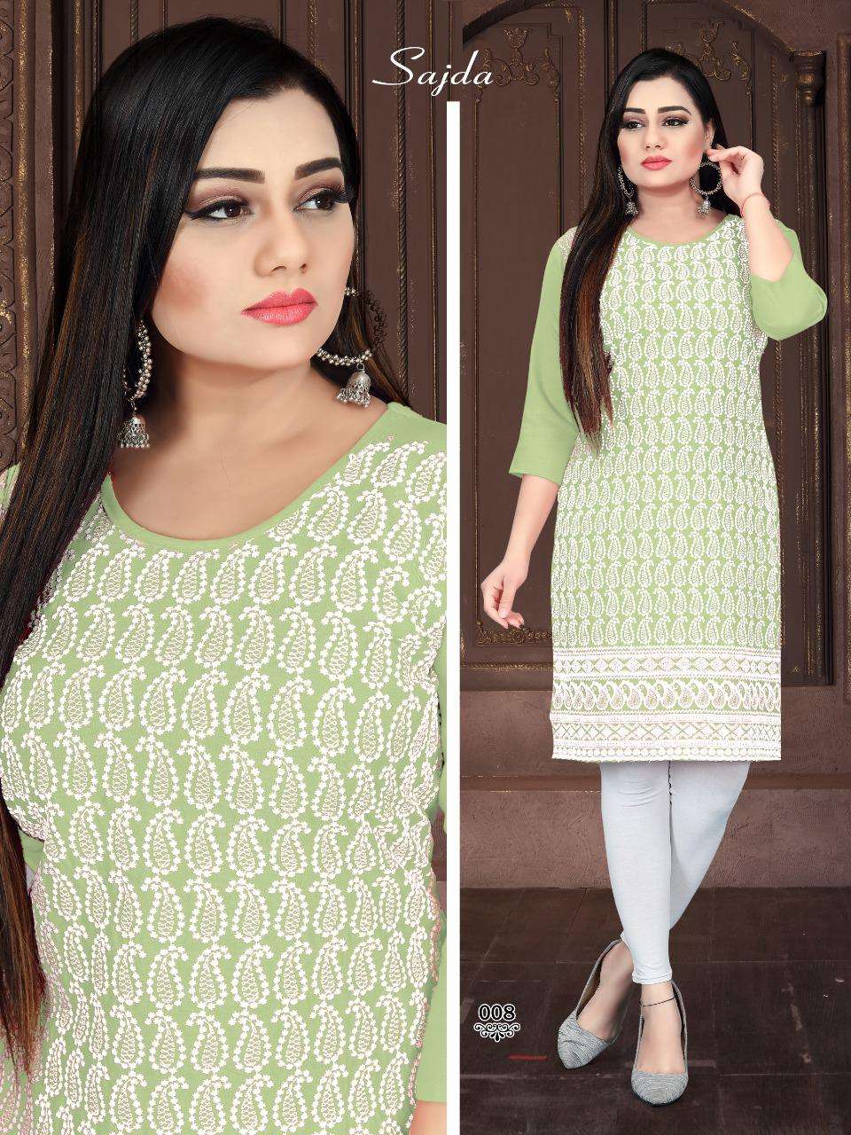 SAJDA BY BEAUTY QUEEN 001 TO 010 SERIES DESIGNER STYLISH FANCY COLORFUL BEAUTIFUL PARTY WEAR & ETHNIC WEAR COLLECTION RAYON WITH WORK KURTIS AT WHOLESALE PRICE