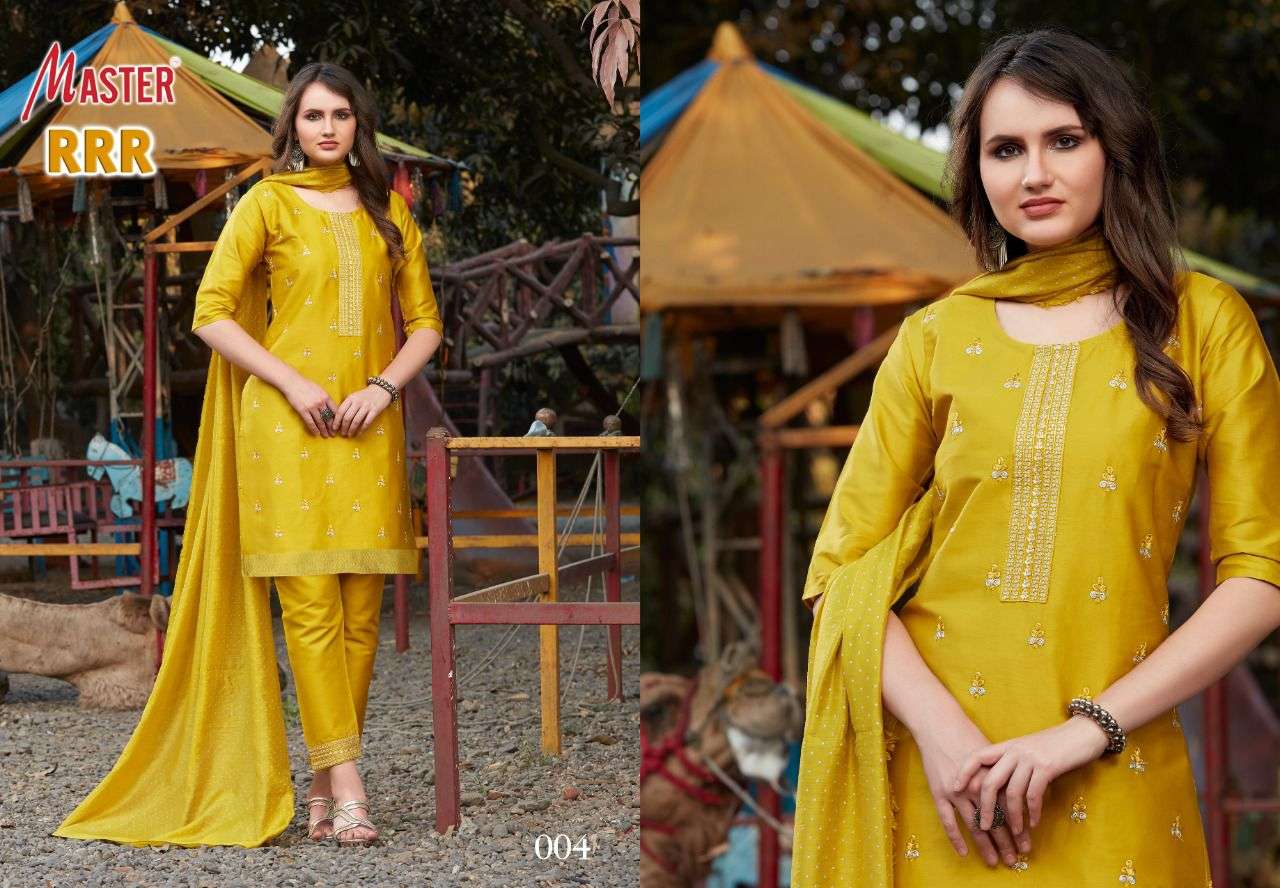 RRR BY MASTER 001 TO 008 SERIES BEAUTIFUL SUITS COLORFUL STYLISH FANCY CASUAL WEAR & ETHNIC WEAR JAM SATIN DRESSES AT WHOLESALE PRICE