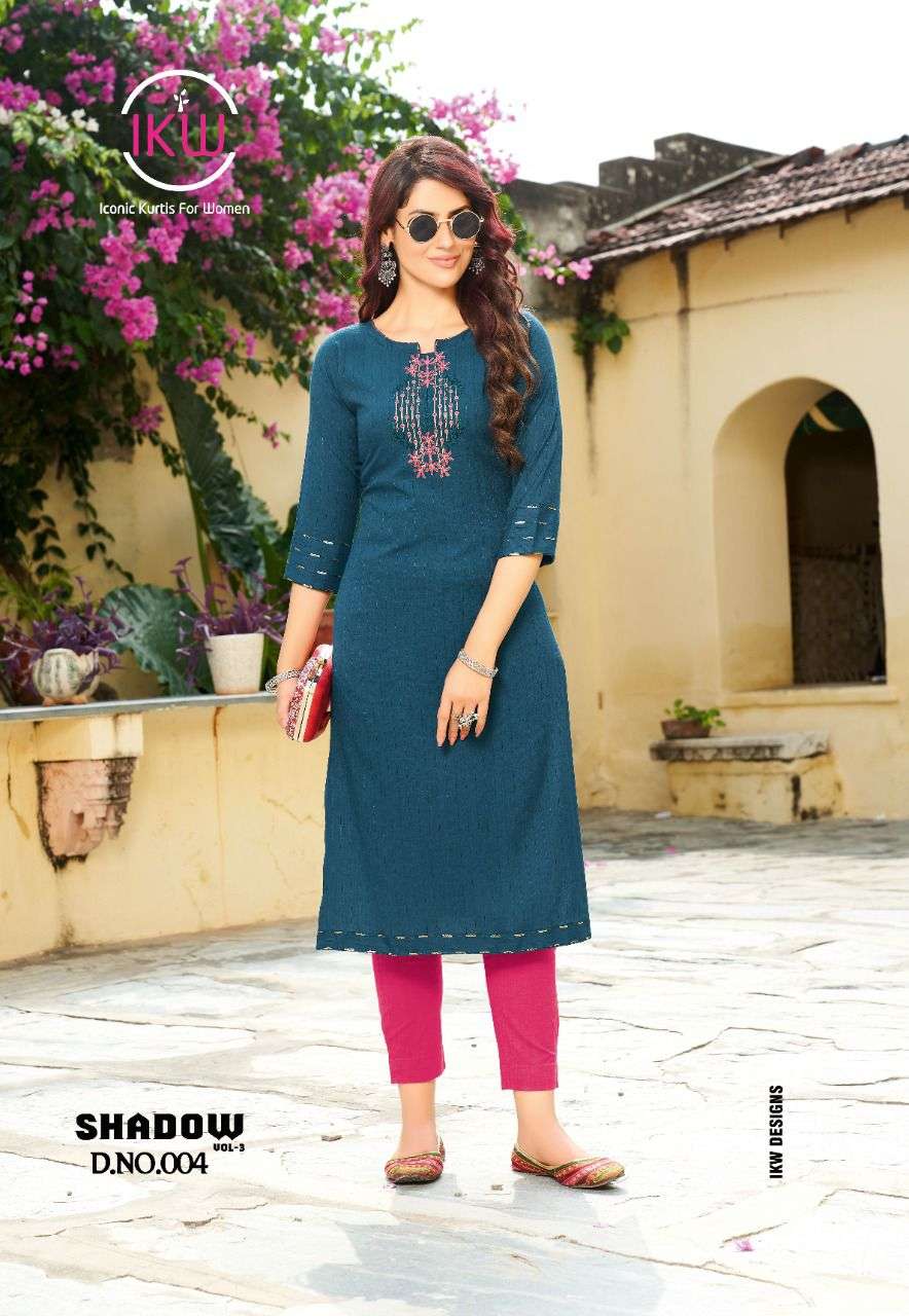 SHADOW VOL-3 BY IKW 001 TO 008 SERIES STYLISH FANCY BEAUTIFUL COLORFUL CASUAL WEAR & ETHNIC WEAR RAYON WEAVED KURTIS AT WHOLESALE PRICE