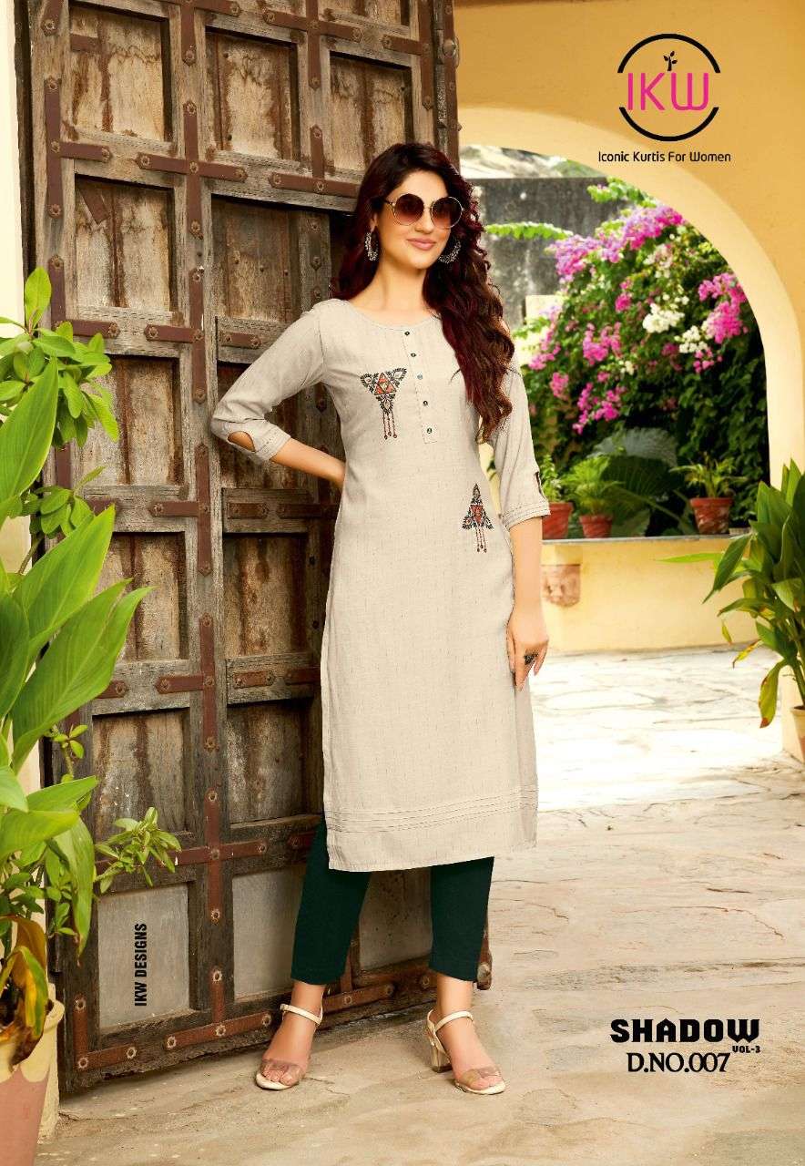 SHADOW VOL-3 BY IKW 001 TO 008 SERIES STYLISH FANCY BEAUTIFUL COLORFUL CASUAL WEAR & ETHNIC WEAR RAYON WEAVED KURTIS AT WHOLESALE PRICE