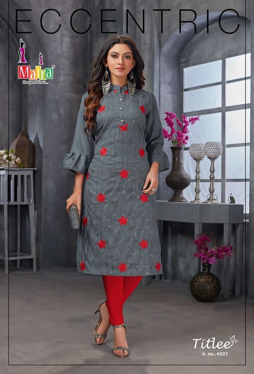 TITLEE VOL-4 BY MAIRA 4001 TO 4008 SERIES DESIGNER STYLISH FANCY COLORFUL BEAUTIFUL PARTY WEAR & ETHNIC WEAR COLLECTION HEAVY RAYON EMBROIDERY KURTIS AT WHOLESALE PRICE