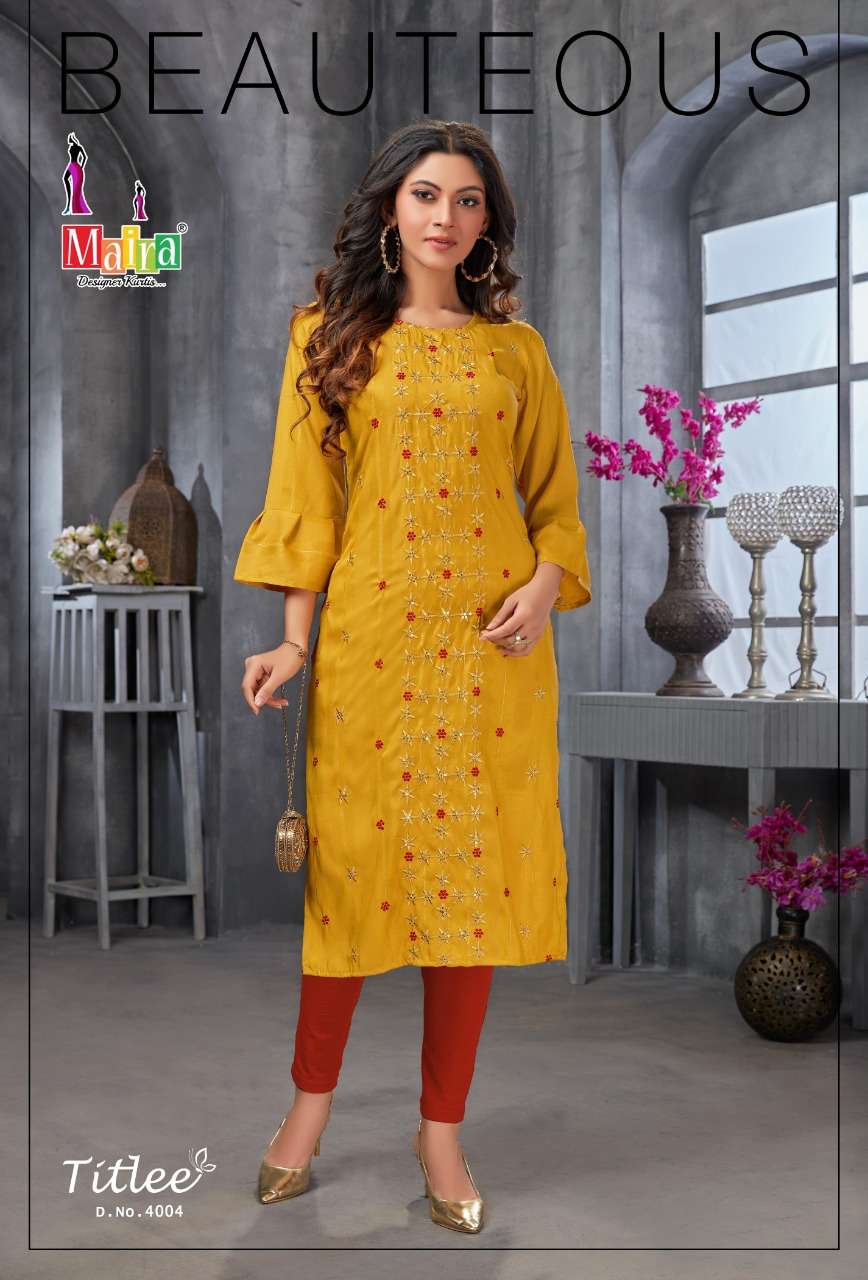 TITLEE VOL-4 BY MAIRA 4001 TO 4008 SERIES DESIGNER STYLISH FANCY COLORFUL BEAUTIFUL PARTY WEAR & ETHNIC WEAR COLLECTION HEAVY RAYON EMBROIDERY KURTIS AT WHOLESALE PRICE