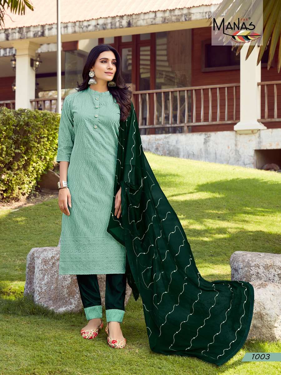BOMBAY SCHIFFLI BY MANAS FAB 1001 TO 1006 SERIES BEAUTIFUL SUITS COLORFUL STYLISH FANCY CASUAL WEAR & ETHNIC WEAR HEAVY CHINNON DRESSES AT WHOLESALE PRICE
