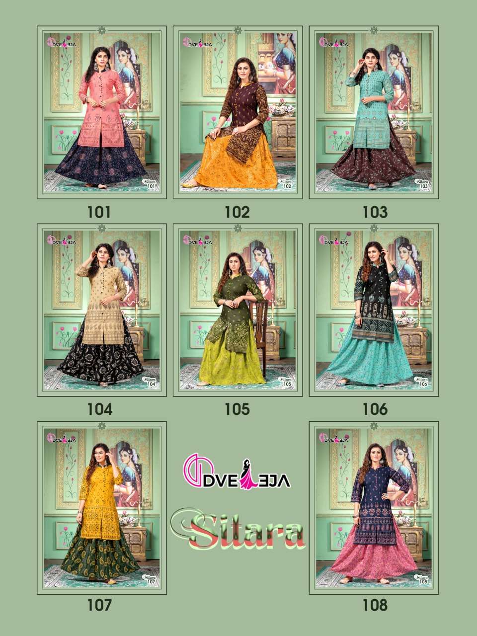 SITARA BY DVEEJA 101 TO 108 SERIES DESIGNER STYLISH FANCY COLORFUL BEAUTIFUL PARTY WEAR & ETHNIC WEAR COLLECTION HEAVY RAYON KURTIS WITH BOTTOM AT WHOLESALE PRICE