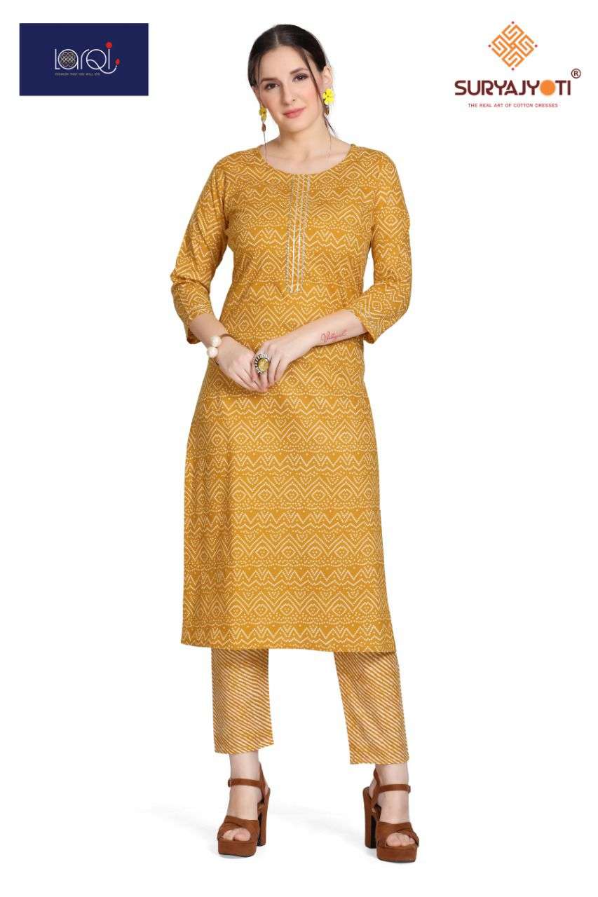 LARQI BY SURYAJYOTI 01 TO 05 SERIES DESIGNER STYLISH FANCY COLORFUL BEAUTIFUL PARTY WEAR & ETHNIC WEAR COLLECTION COTTON KURTIS WITH BOTTOM AT WHOLESALE PRICE