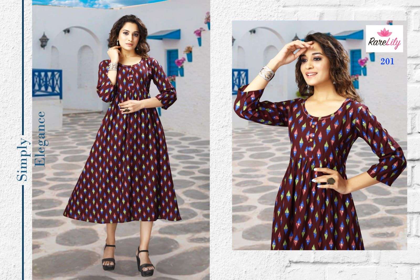 PUSHPA BY RARE LILY 201 TO 207 SERIES DESIGNER STYLISH FANCY COLORFUL BEAUTIFUL PARTY WEAR & ETHNIC WEAR COLLECTION RAYON PRINT KURTIS AT WHOLESALE PRICE