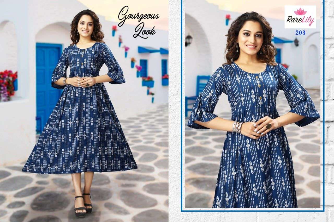 PUSHPA BY RARE LILY 201 TO 207 SERIES DESIGNER STYLISH FANCY COLORFUL BEAUTIFUL PARTY WEAR & ETHNIC WEAR COLLECTION RAYON PRINT KURTIS AT WHOLESALE PRICE