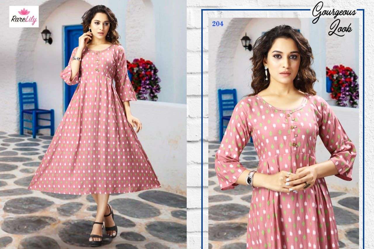 PUSHPA BY RARE LILY 201 TO 207 SERIES DESIGNER STYLISH FANCY COLORFUL BEAUTIFUL PARTY WEAR & ETHNIC WEAR COLLECTION RAYON PRINT KURTIS AT WHOLESALE PRICE