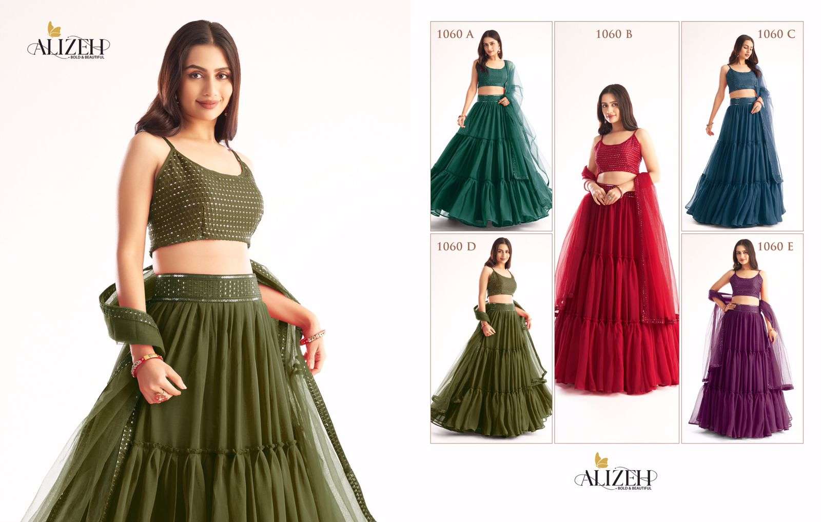 ENGAGEMENT READY TO WEAR BY ALIZEH 1060-A TO 1060-E SERIES DESIGNER BEAUTIFUL NAVRATRI COLLECTION OCCASIONAL WEAR & PARTY WEAR FANCY LEHENGAS AT WHOLESALE PRICE