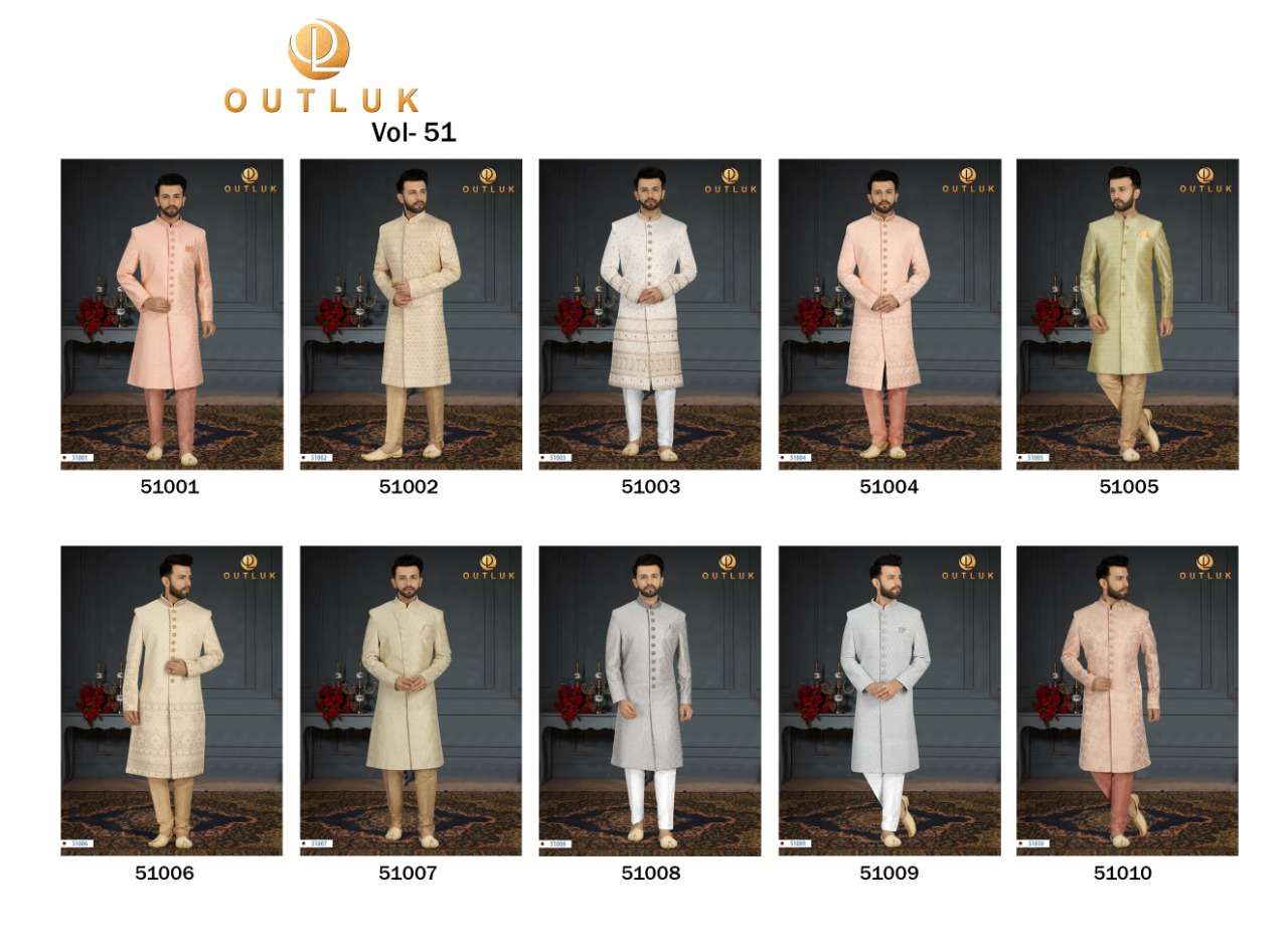 OUTLUK VOL-51 BY FASHID WHOLESALE 51001 TO 51010 SERIES BEAUTIFUL COLORFUL STYLISH FANCY CASUAL WEAR & ETHNIC WEAR & READY TO WEAR JACQUARD SILK SHERWANI WITH PAJAMAS AT WHOLESALE PRICE