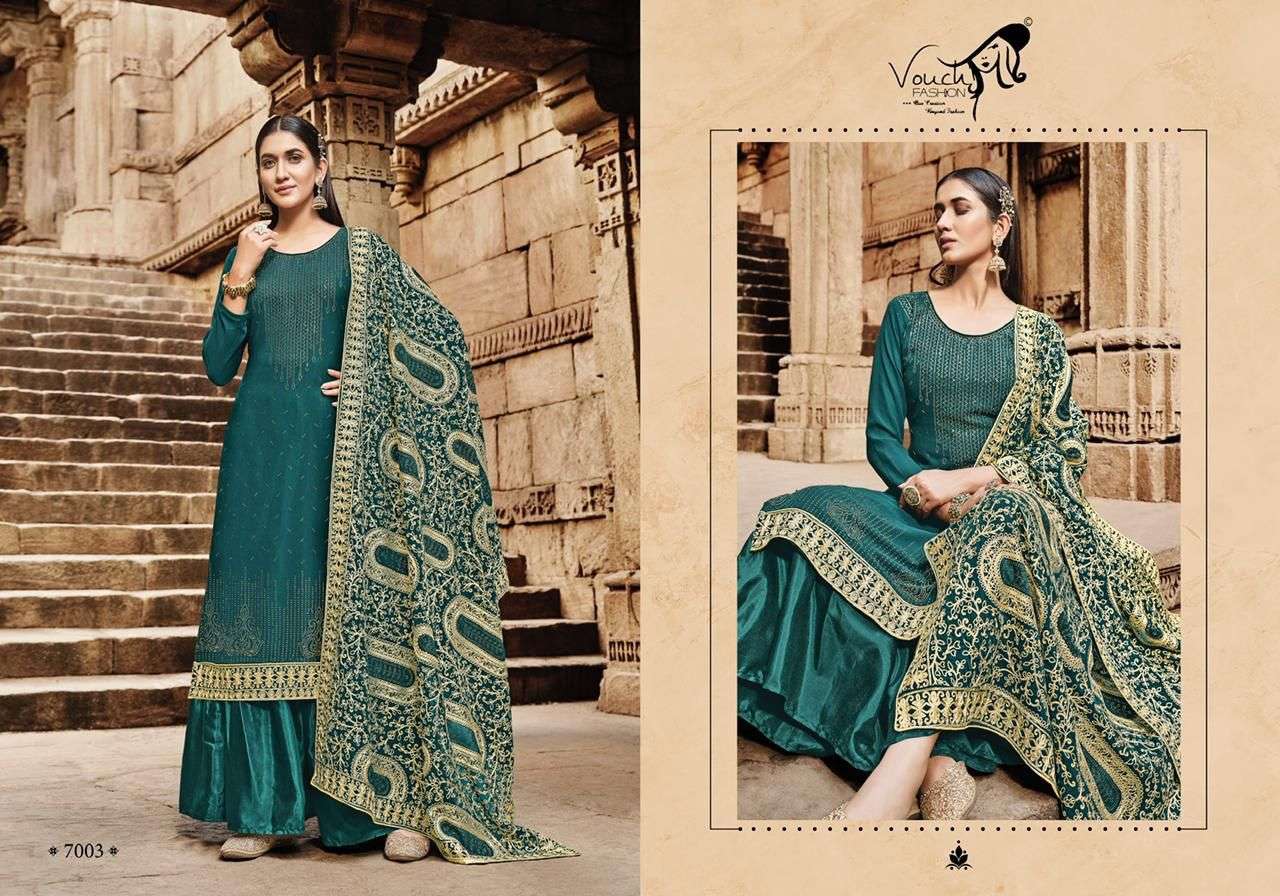 NAARI VOL-7 BY VOUCHE 7001 TO 7005 SERIES DESIGNER SHARARA SUITS COLLECTION BEAUTIFUL STYLISH COLORFUL FANCY PARTY WEAR & OCCASIONAL WEAR GEORGETTE DRESSES AT WHOLESALE PRICE