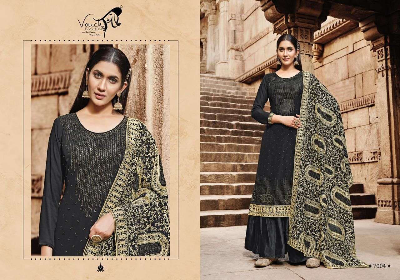 NAARI VOL-7 BY VOUCHE 7001 TO 7005 SERIES DESIGNER SHARARA SUITS COLLECTION BEAUTIFUL STYLISH COLORFUL FANCY PARTY WEAR & OCCASIONAL WEAR GEORGETTE DRESSES AT WHOLESALE PRICE