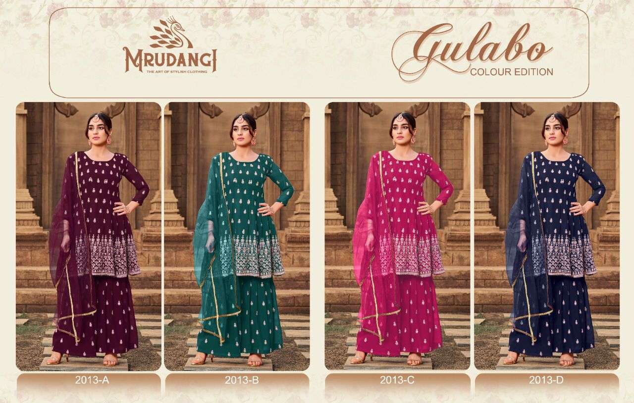 Gulabo Colour Edition Vol-2 By Mrudangi 2013-A To 2013-D Series Beautiful Stylish Sharara Suits Fancy Colorful Casual Wear & Ethnic Wear & Ready To Wear Heavy Georgette Embroidered Dresses At Wholesale Price