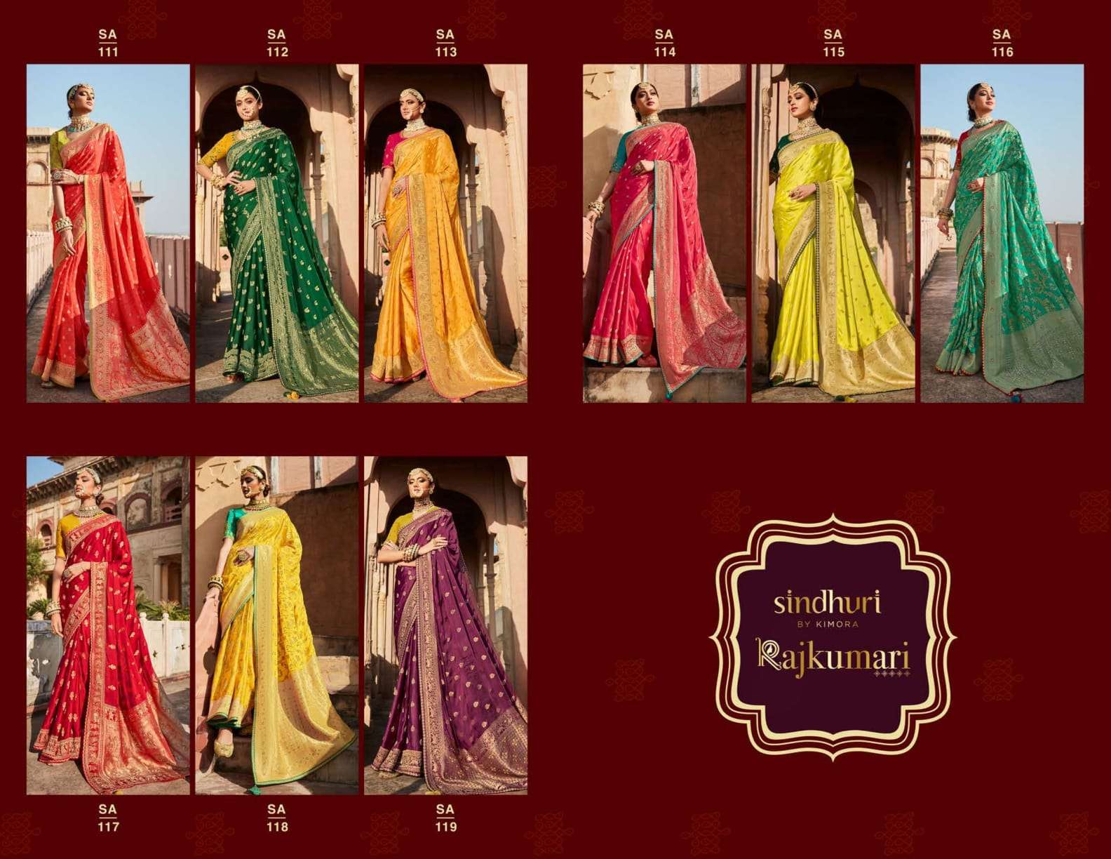 SINDHURI RAJKUMARI BY KIMORA FASHION 111 TO 119 SERIES INDIAN TRADITIONAL WEAR COLLECTION BEAUTIFUL STYLISH FANCY COLORFUL PARTY WEAR & OCCASIONAL WEAR SILK SAREES AT WHOLESALE PRICE