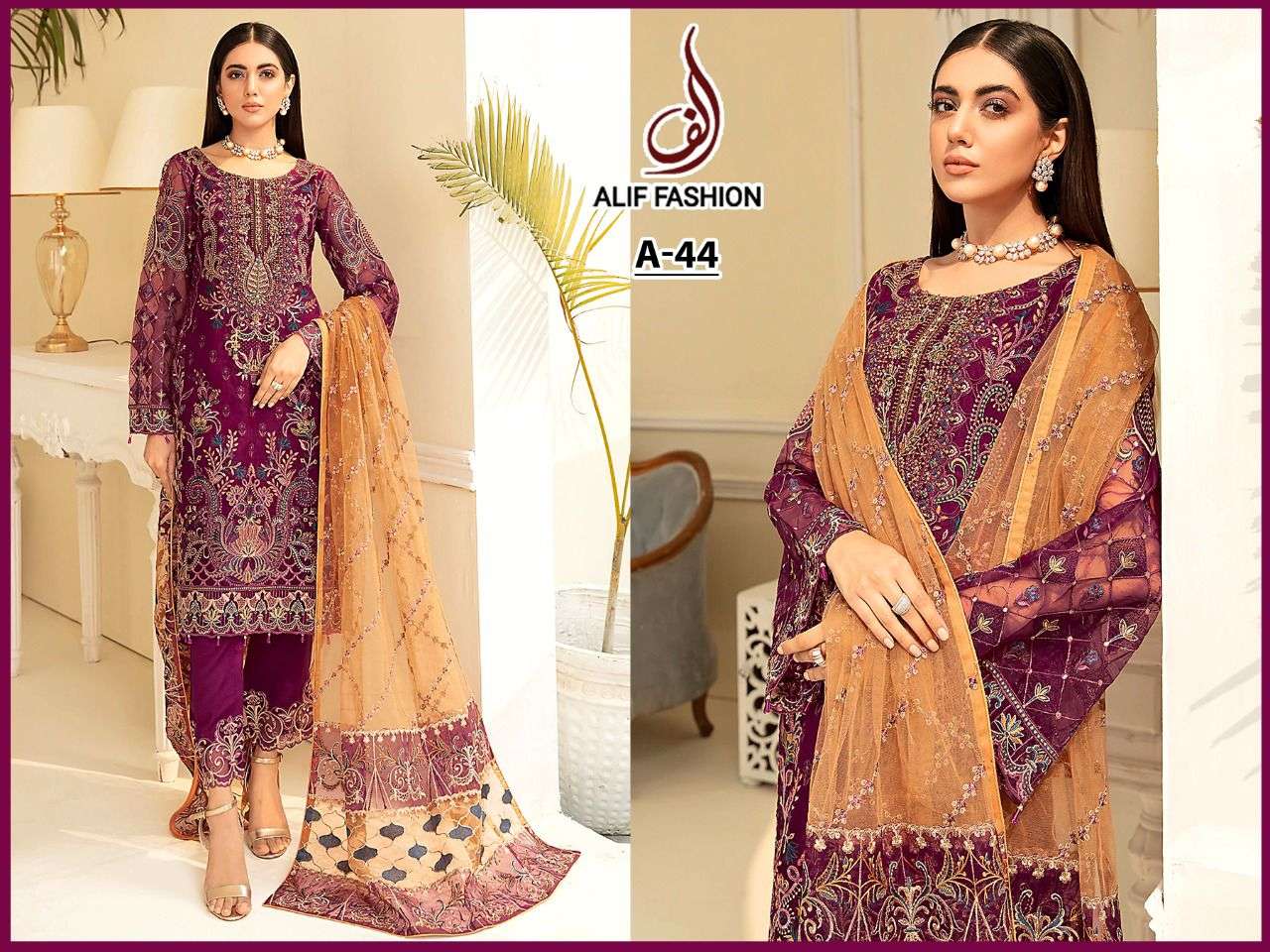 ALIF HIT DESIGN A-44 BY ALIF FASHION PAKISTANI SUITS BEAUTIFUL FANCY COLORFUL STYLISH PARTY WEAR & OCCASIONAL WEAR FAUX GEORGETTE EMBROIDERY DRESSES AT WHOLESALE PRICE