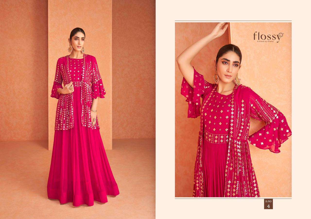 NAKSH VOL-1 BY FLOSSY 1 TO 4 SERIES BEAUTIFUL SUITS COLORFUL STYLISH FANCY CASUAL WEAR & ETHNIC WEAR REAL GEORGETTE EMBROIDERED DRESSES AT WHOLESALE PRICE