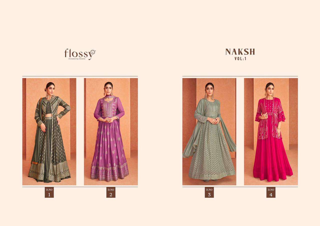 NAKSH VOL-1 BY FLOSSY 1 TO 4 SERIES BEAUTIFUL SUITS COLORFUL STYLISH FANCY CASUAL WEAR & ETHNIC WEAR REAL GEORGETTE EMBROIDERED DRESSES AT WHOLESALE PRICE