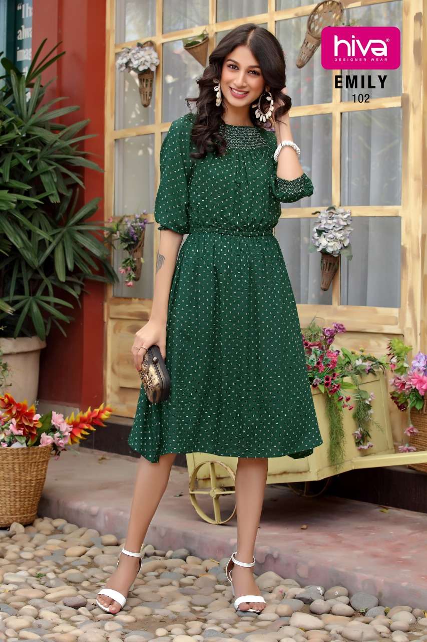 EMILY BY HIVA 101 TO 106 SERIES DESIGNER STYLISH FANCY COLORFUL BEAUTIFUL PARTY WEAR & ETHNIC WEAR COLLECTION RAYON PRINT KURTIS AT WHOLESALE PRICE