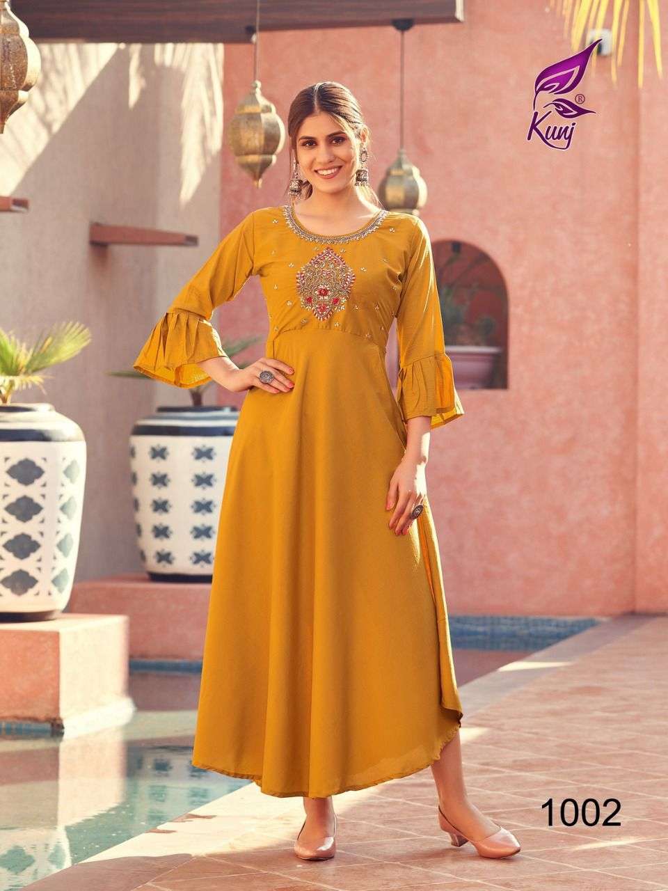 MASAK KALI VOL-1 BY KUNJ 1001 TO 1008 SERIES BEAUTIFUL STYLISH FANCY COLORFUL CASUAL WEAR & ETHNIC WEAR CHINNON SILK GOWNS AT WHOLESALE PRICE