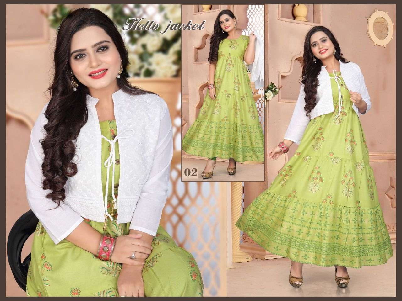 HELLO JACKET BY BEAUTY QUEEN 01 TO 08 SERIES BEAUTIFUL STYLISH FANCY COLORFUL CASUAL WEAR & ETHNIC WEAR RAYON GOWNS WITH JACKET AT WHOLESALE PRICE