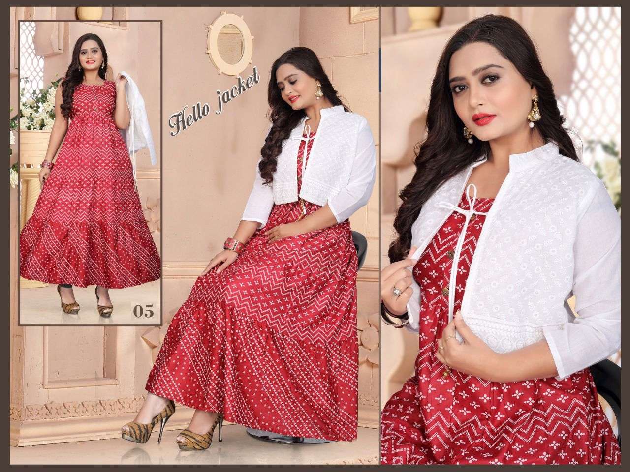 HELLO JACKET BY BEAUTY QUEEN 01 TO 08 SERIES BEAUTIFUL STYLISH FANCY COLORFUL CASUAL WEAR & ETHNIC WEAR RAYON GOWNS WITH JACKET AT WHOLESALE PRICE