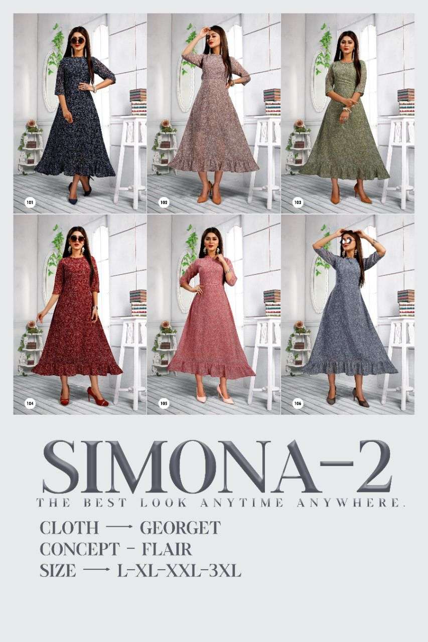 SIMONA VOL-2 BY BEAUTY QUEEN 101 TO 106 SERIES DESIGNER STYLISH FANCY COLORFUL BEAUTIFUL PARTY WEAR & ETHNIC WEAR COLLECTION GEORGETTE PRINT KURTIS AT WHOLESALE PRICE